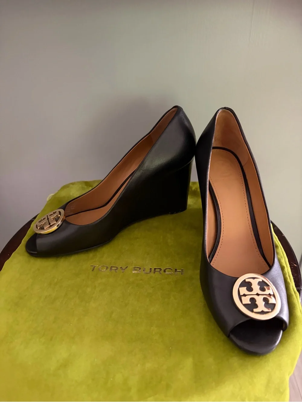 Tory Burch Black Leather Wedge Peep-Toe Pumps with Gold Logo 7.5